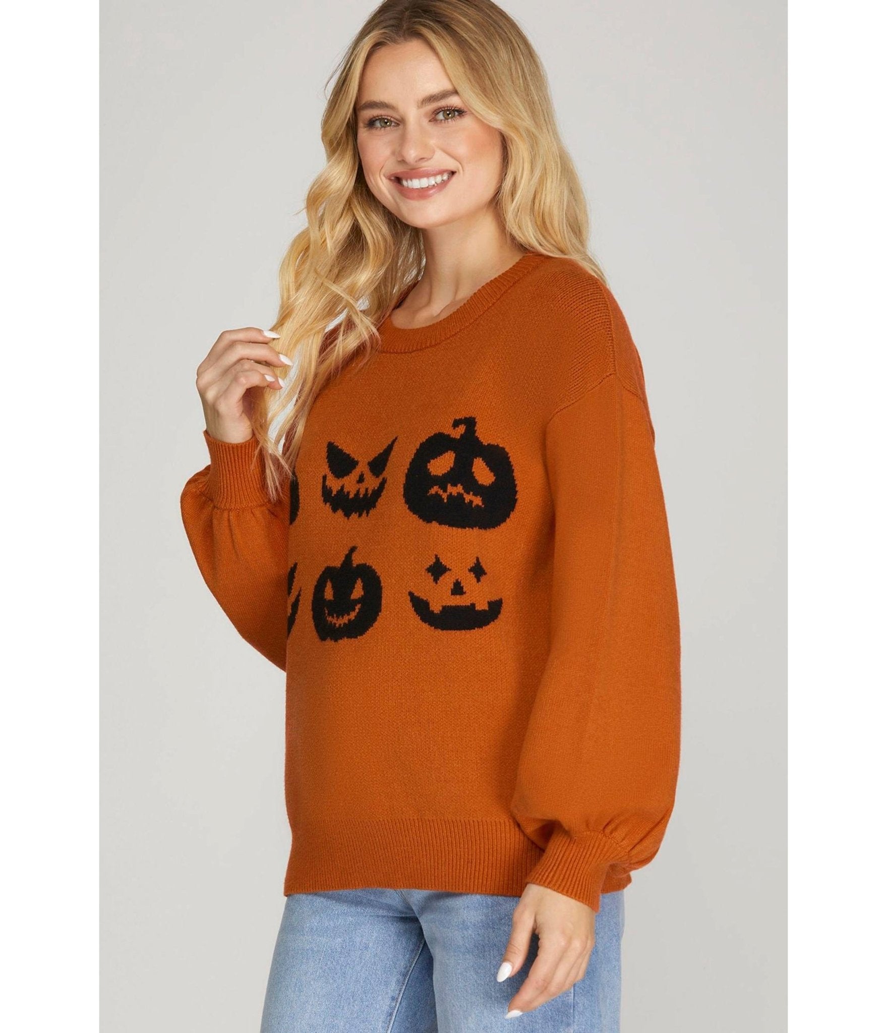 Burnt Orange Jack - O - Lantern Faces Sweater - Unique Vintage - Womens, TOPS, SWEATERS