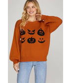 Burnt Orange Jack - O - Lantern Faces Sweater - Unique Vintage - Womens, TOPS, SWEATERS