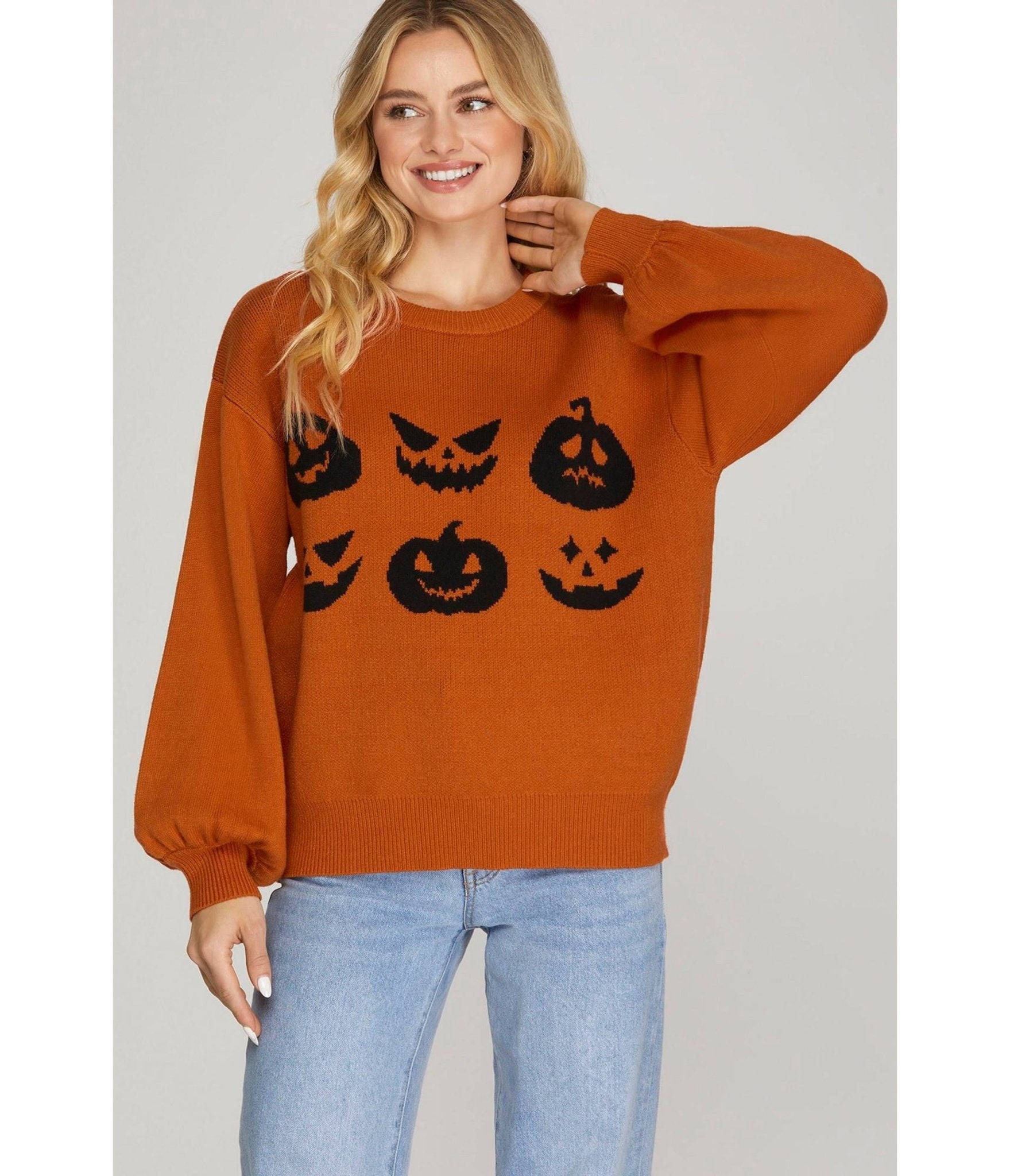 Burnt Orange Jack - O - Lantern Faces Sweater - Unique Vintage - Womens, TOPS, SWEATERS