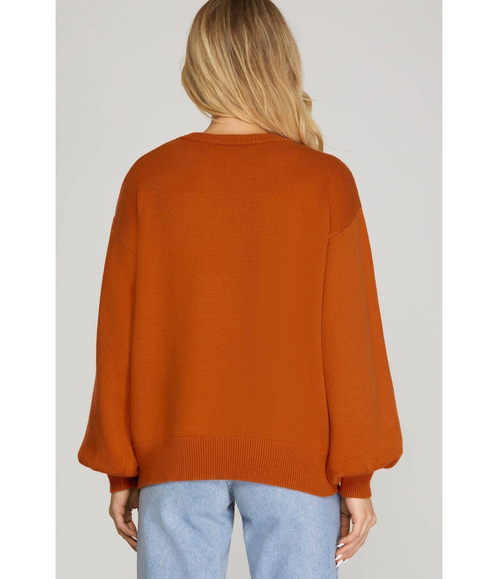 Burnt Orange Jack - O - Lantern Faces Sweater - Unique Vintage - Womens, TOPS, SWEATERS