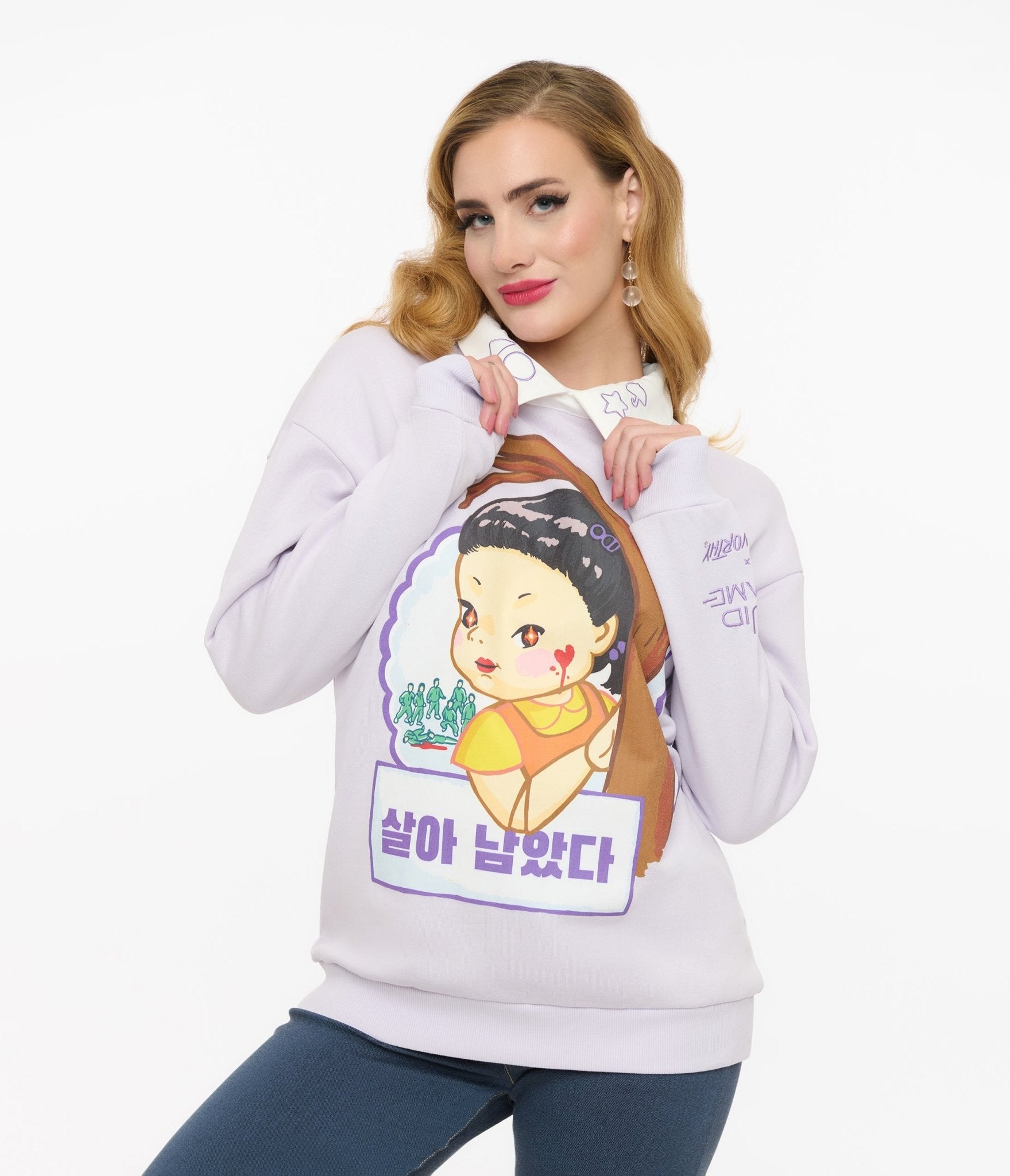 Cakeworthy Purple Squid Game Young Hee Chibi Collared Sweatshirt - Unique Vintage - Womens, TOPS, SWEATERS