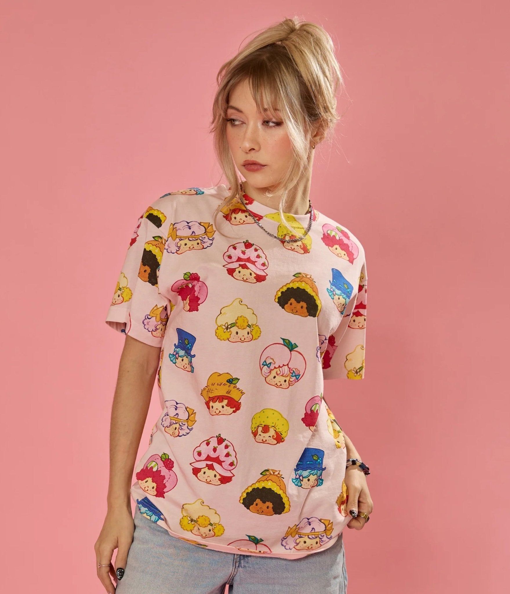 Cakeworthy Strawberry Shortcake All Over Print Unisex Graphic Tee - Unique Vintage - Womens, GRAPHIC TEES, TEES
