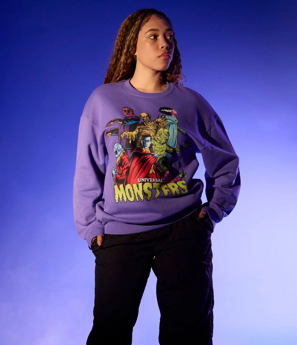 Cakeworthy Universal Monsters Purple Graphic Sweatshirt - Unique Vintage - Womens, GRAPHIC TEES, SWEATSHIRTS