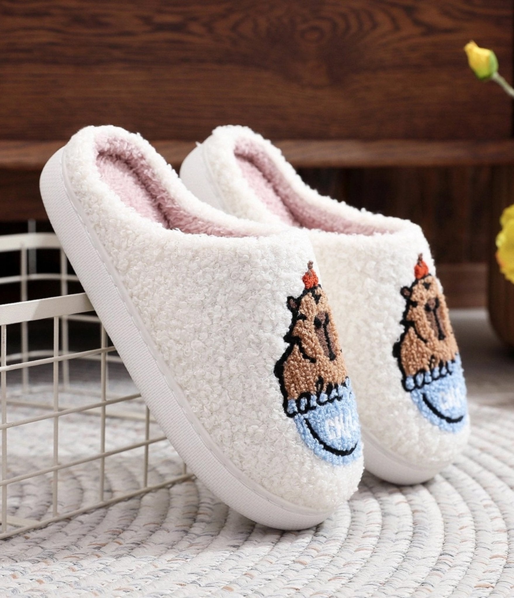 Capybara Embroidered Cotton Slippers - Unique Vintage - Womens, SHOES, FLATS
