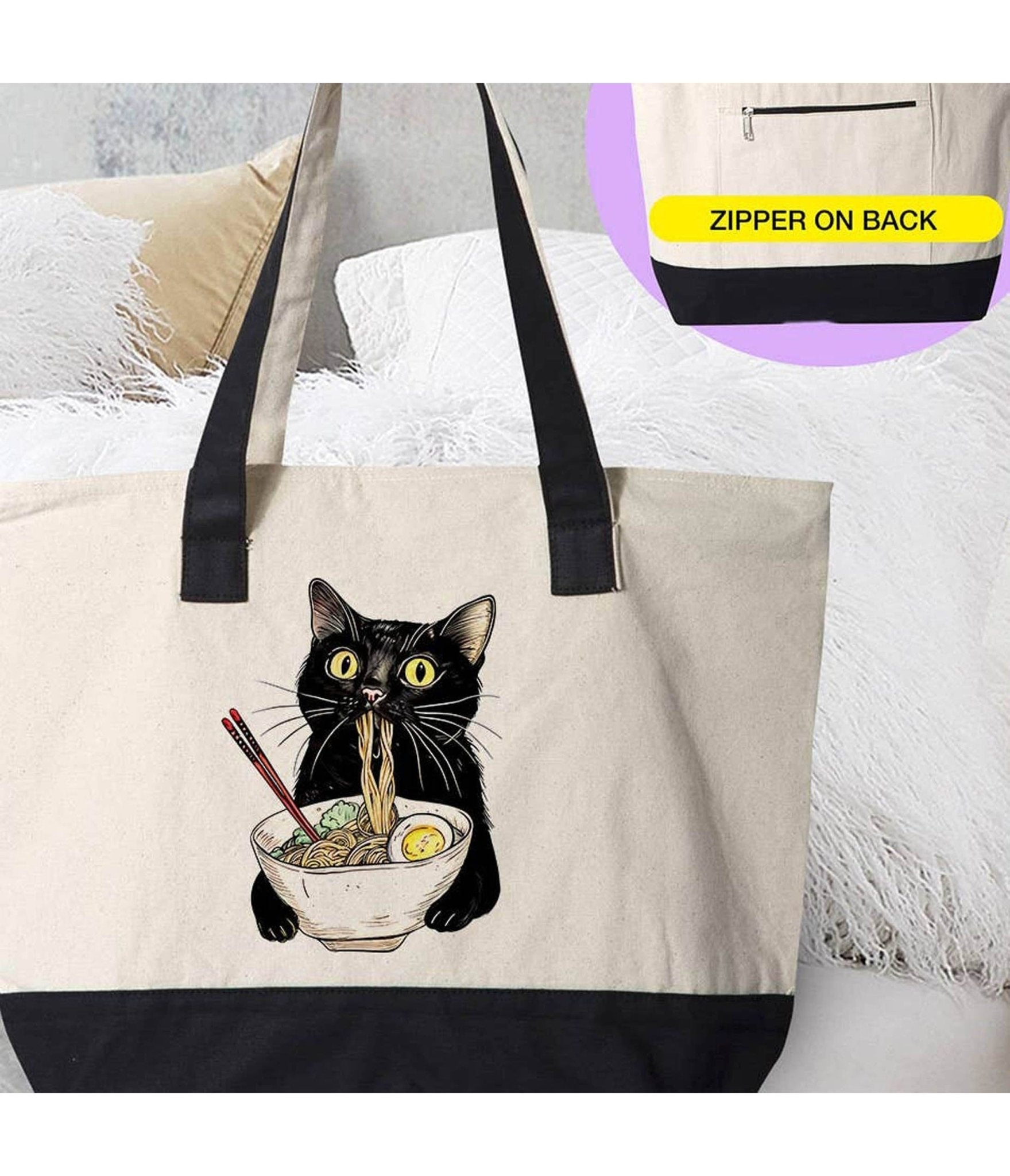 Cat Eating Ramen Canvas Tote Bag - Unique Vintage - Womens, ACCESSORIES, HANDBAGS