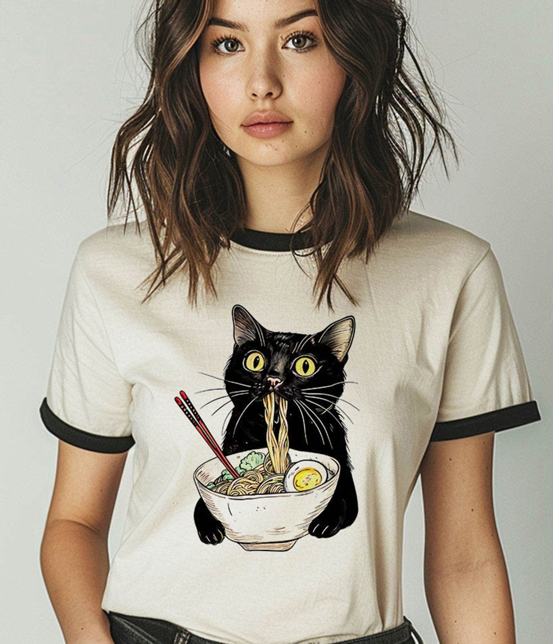 Cat Eating Ramen Unisex Ringer Graphic Tee - Unique Vintage - Womens, TOPS, TEES