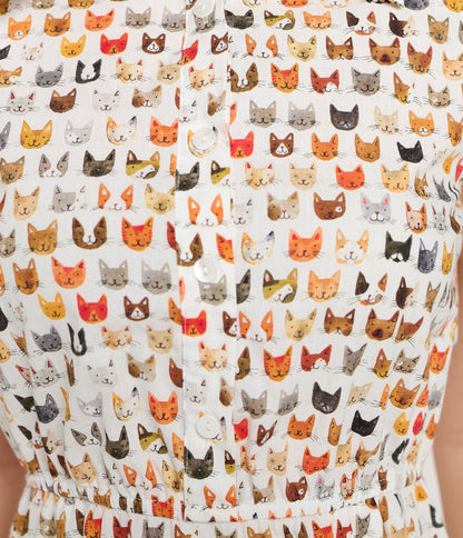 Cat Face Print Cotton Fit & Flare Dress - Unique Vintage - Womens, DRESSES, FIT AND FLARE