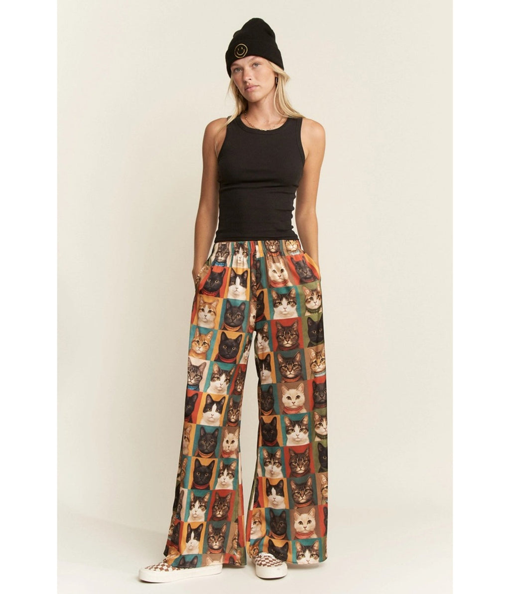 Cat Portrait Wide Leg Pants - Unique Vintage - Wide Leg Pants