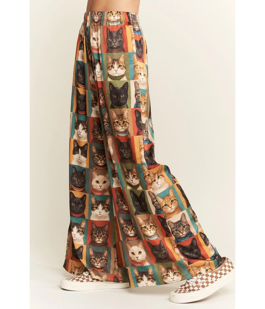 Cat Portrait Wide Leg Pants - Unique Vintage - Wide Leg Pants