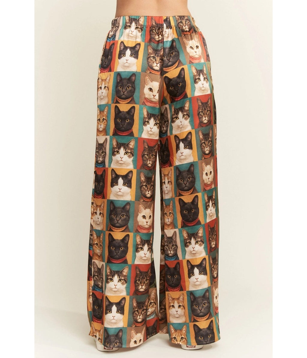 Cat Portrait Wide Leg Pants - Unique Vintage - Wide Leg Pants
