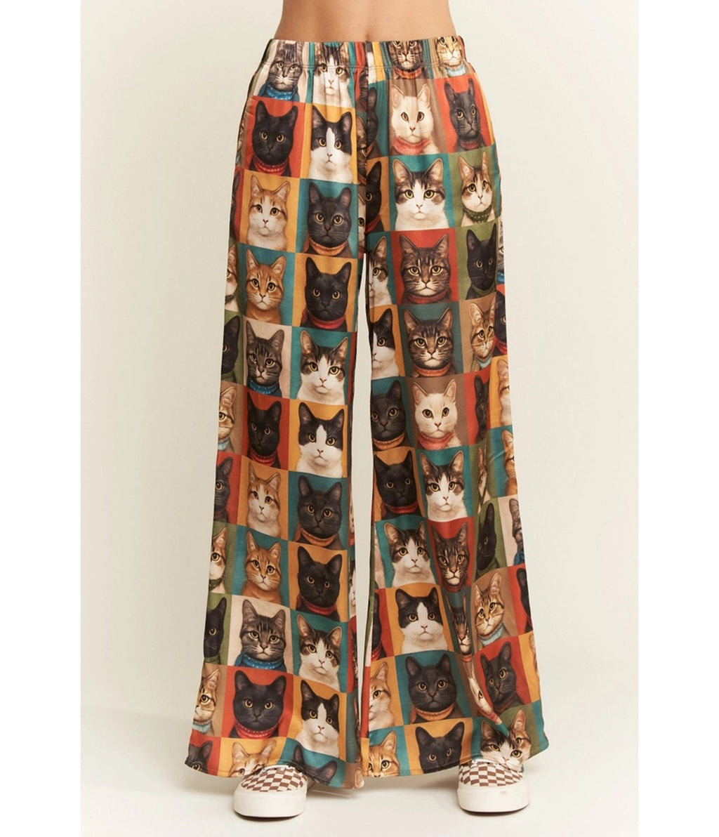 Cat Portrait Wide Leg Pants - Unique Vintage - Wide Leg Pants