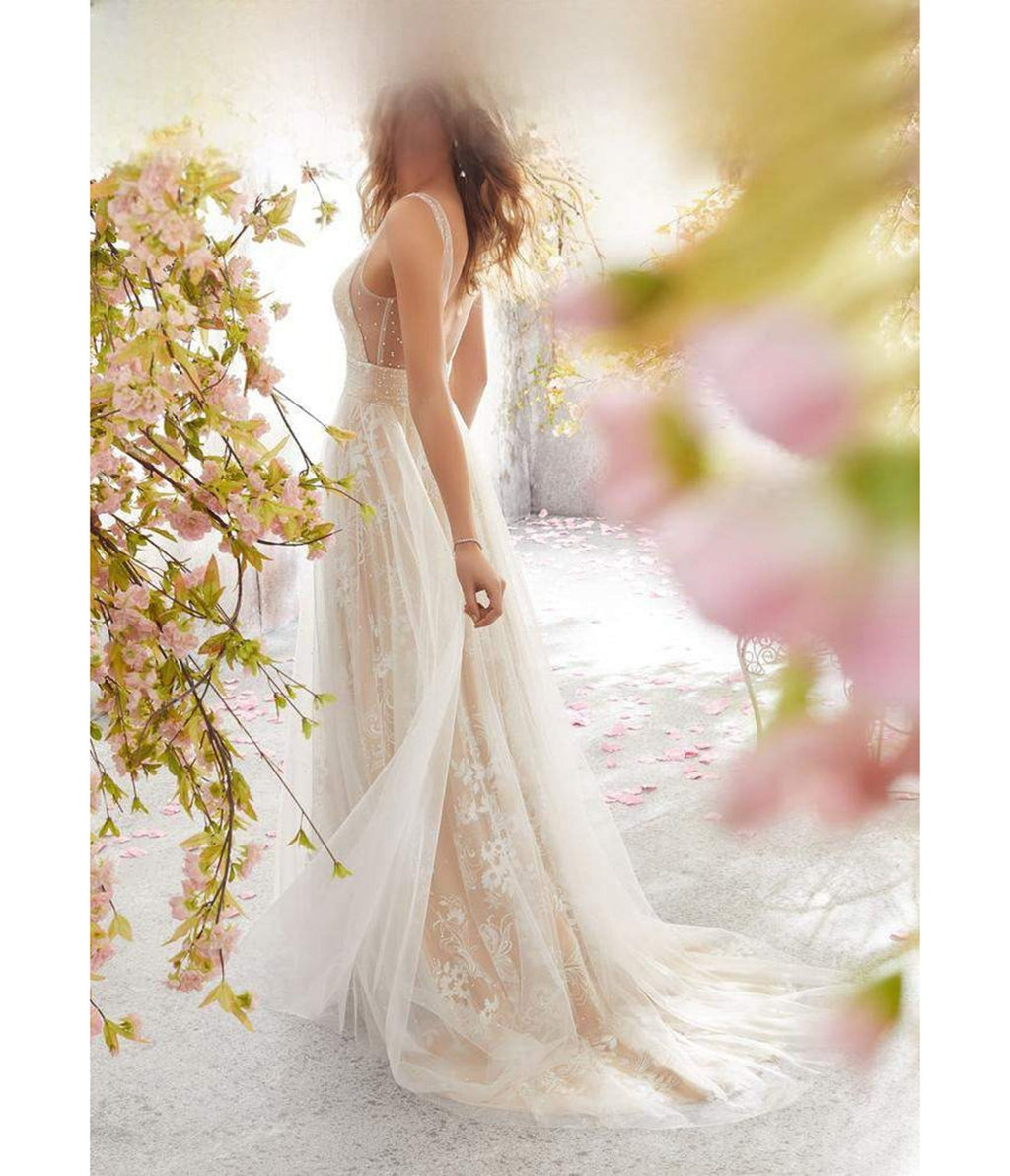 Champagne Floral Embroidered Prom Gown - Unique Vintage - Womens, DRESSES, PROM AND SPECIAL OCCASION