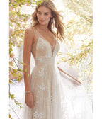 Champagne Floral Embroidered Prom Gown - Unique Vintage - Womens, DRESSES, PROM AND SPECIAL OCCASION