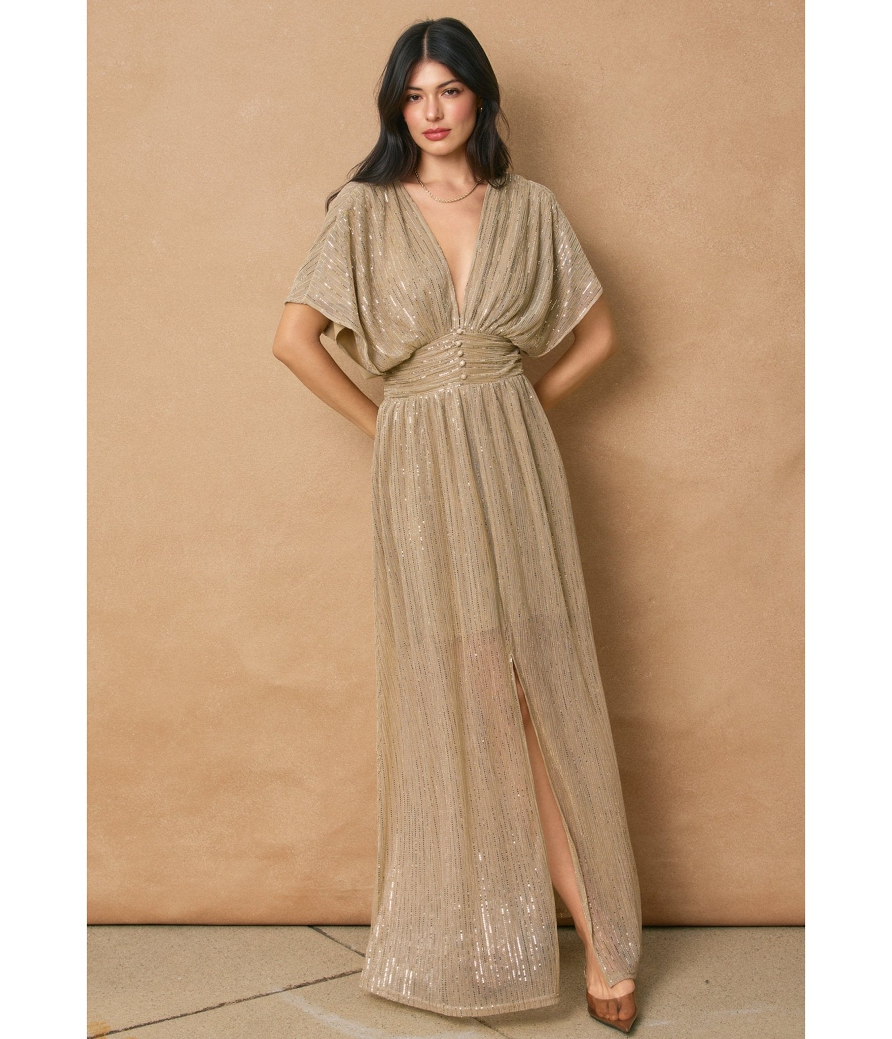 slim fit dress slacks Baltic Born Womens Arlene Shimmer Gown | Dusty Lilac + Rose