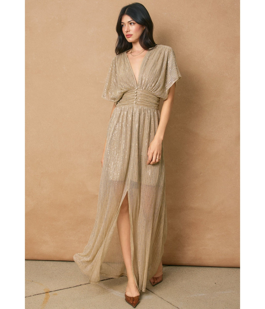 Champagne Shimmer Front Slit Maxi Dress Unique Vintage Champagne Shimmer Front Slit Maxi Dress Unique Vintage