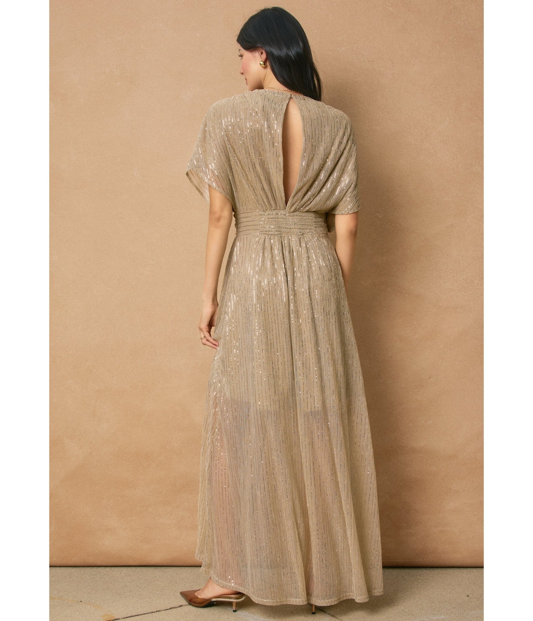 Champagne Shimmer Front Slit Maxi Dress  Unique Vintage