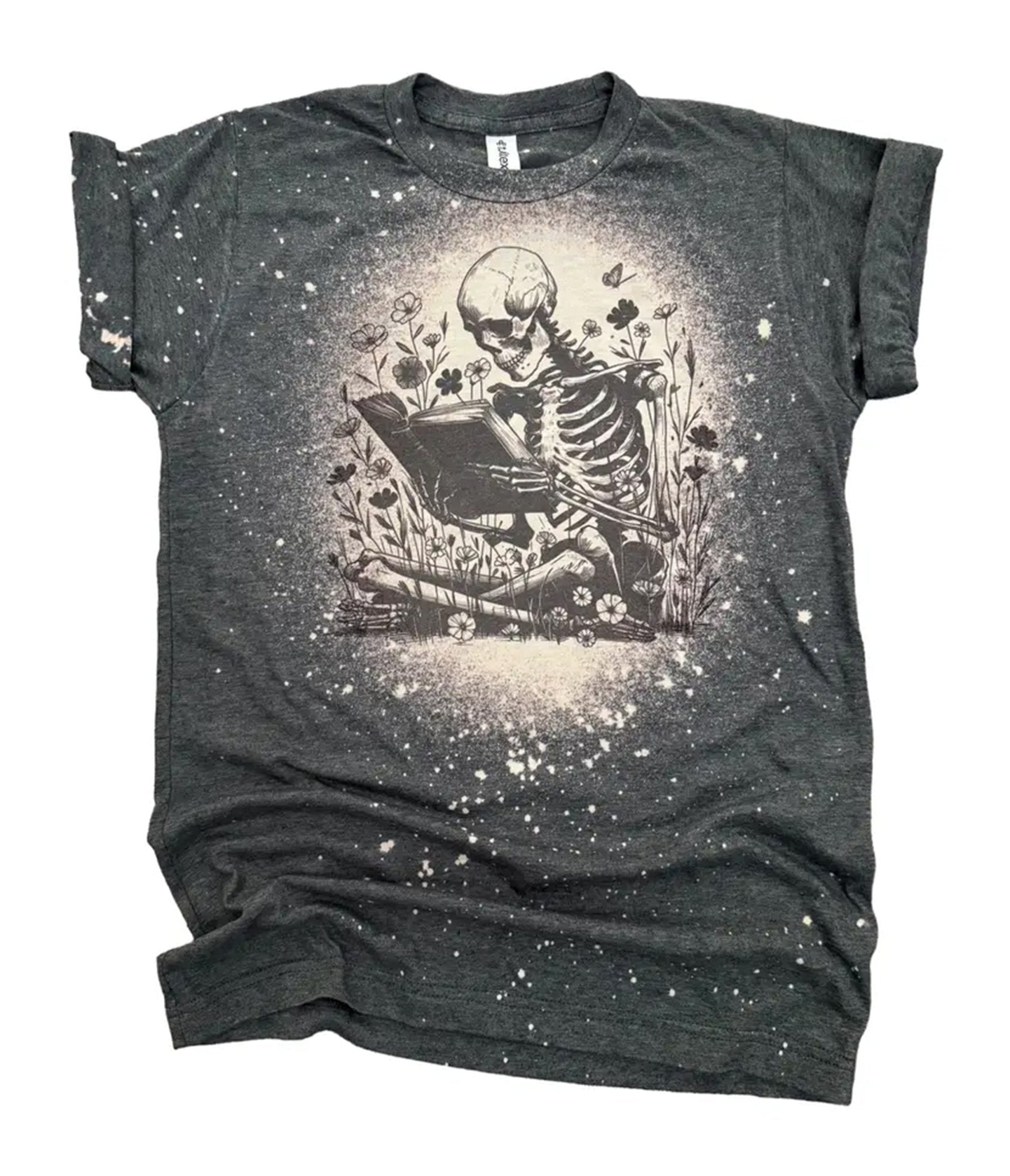 Charcoal Bleached Skeleton Book Lover Graphic Tee - Unique Vintage - Womens, GRAPHIC TEES, TEES