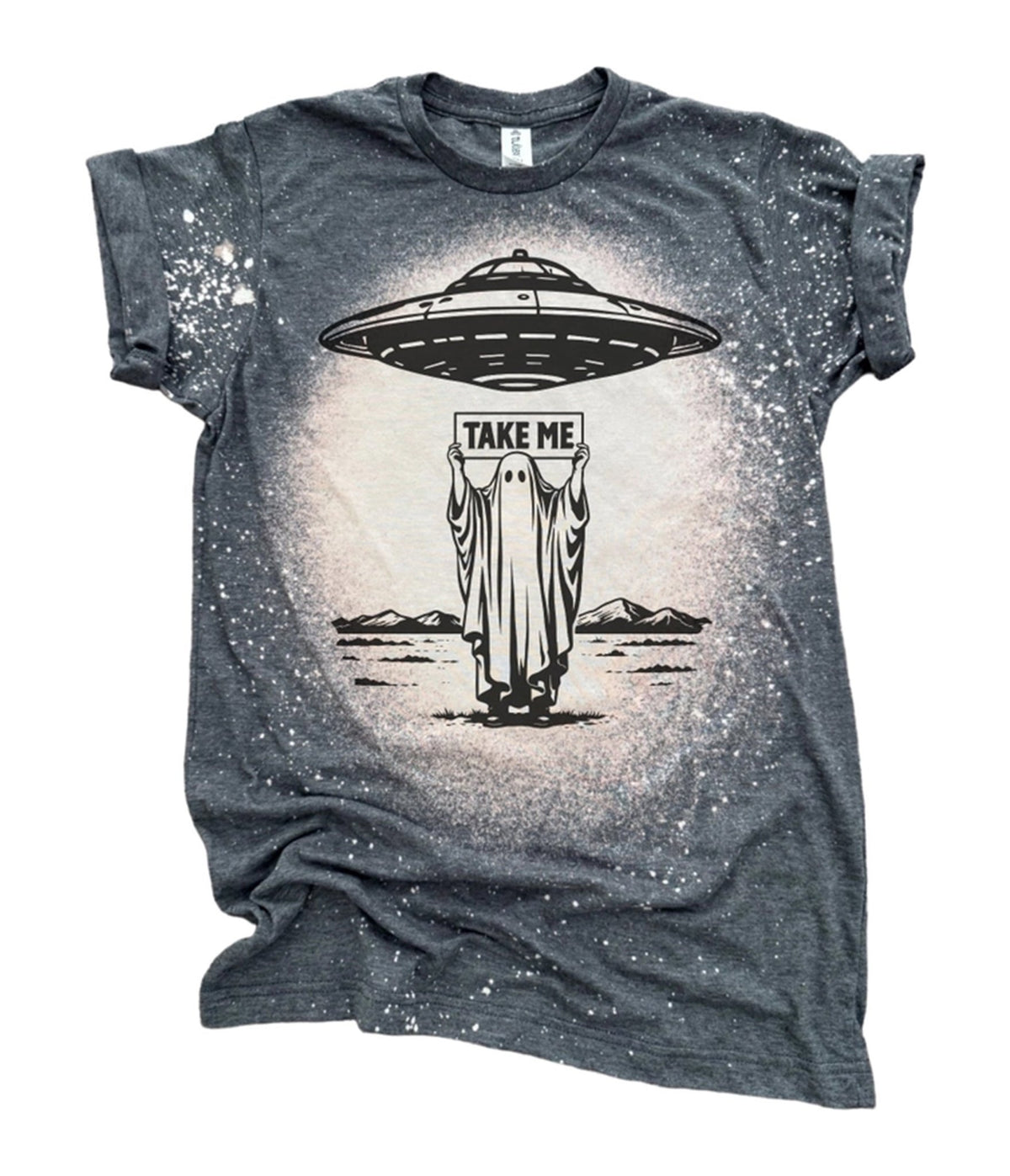 Charcoal Bleached UFO Ghost Graphic Tee - Unique Vintage - Womens, GRAPHIC TEES, TEES