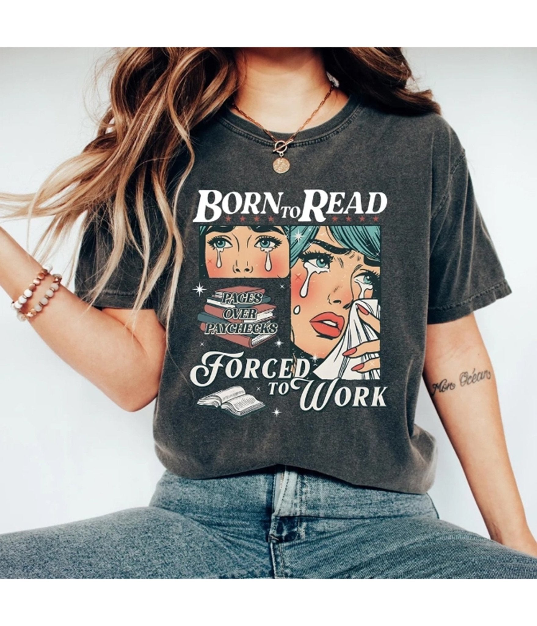 Charcoal Born to Read Comic Graphic Tee - Unique Vintage - Womens, GRAPHIC TEES, TEES