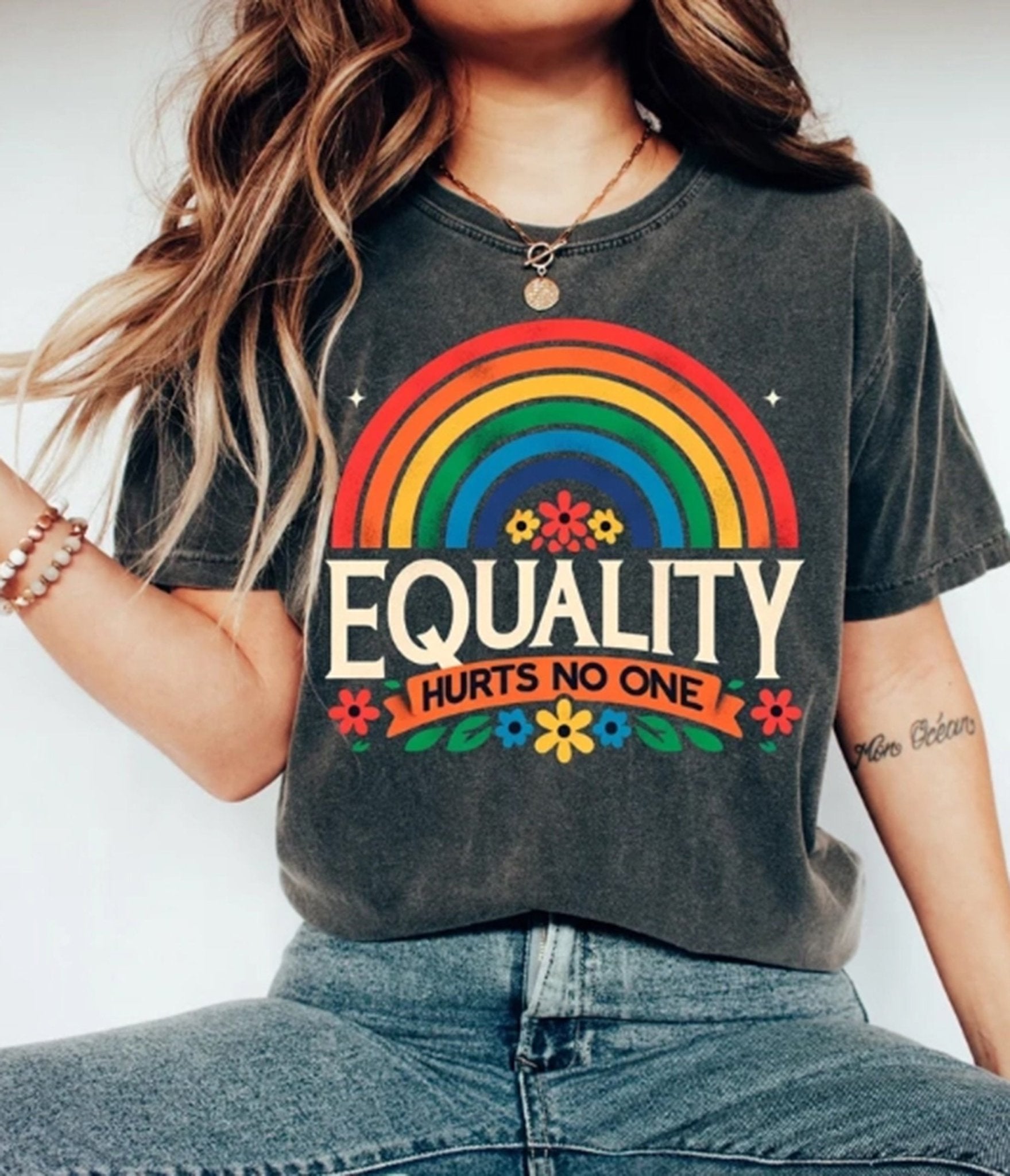 Charcoal Equality Hurts No One Rainbow Graphic Tee - Unique Vintage - Womens, GRAPHIC TEES, TEES
