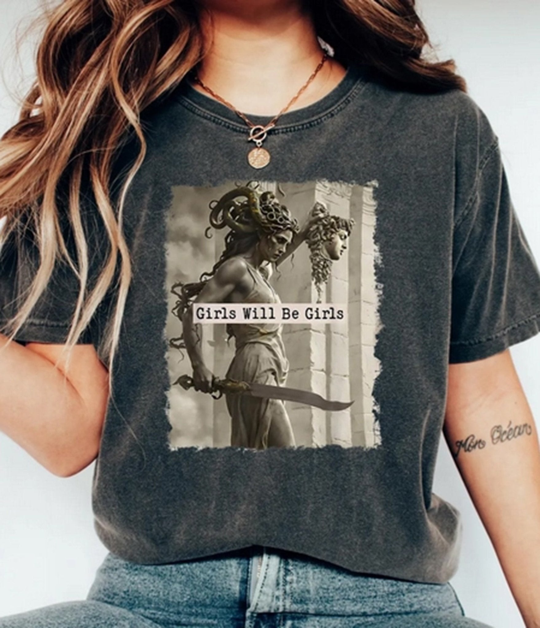 Charcoal Girls Will Be Girls Mythology Graphic Tee - Unique Vintage - Womens, GRAPHIC TEES, TEES