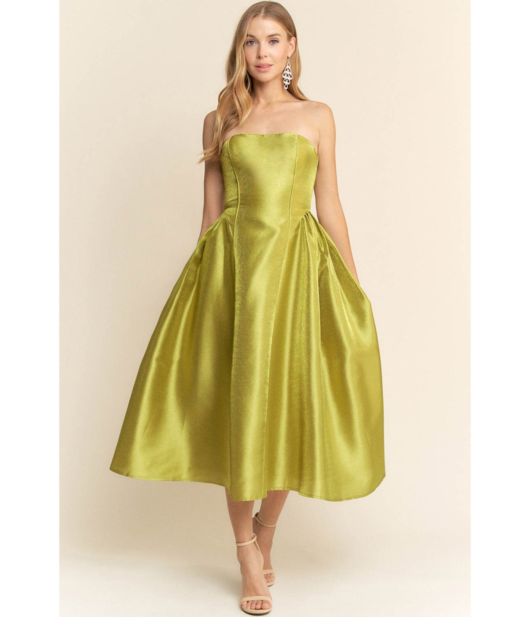 Chartreuse Strapless Midi Dress - Unique Vintage - Womens, DRESSES, MIDI