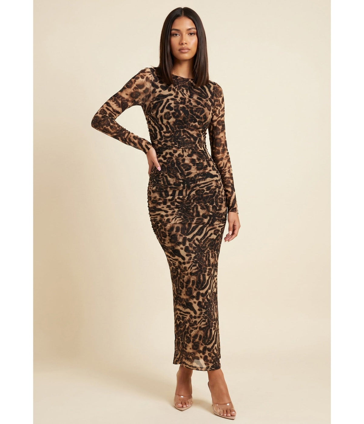 Cheetah Print Mesh Ruched Maxi Dress - Unique Vintage - Maxi Dresses