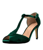 Chelsea Crew Emerald T - Strap Velvet Blondie Heels - Unique Vintage - Womens, SHOES, HEELS