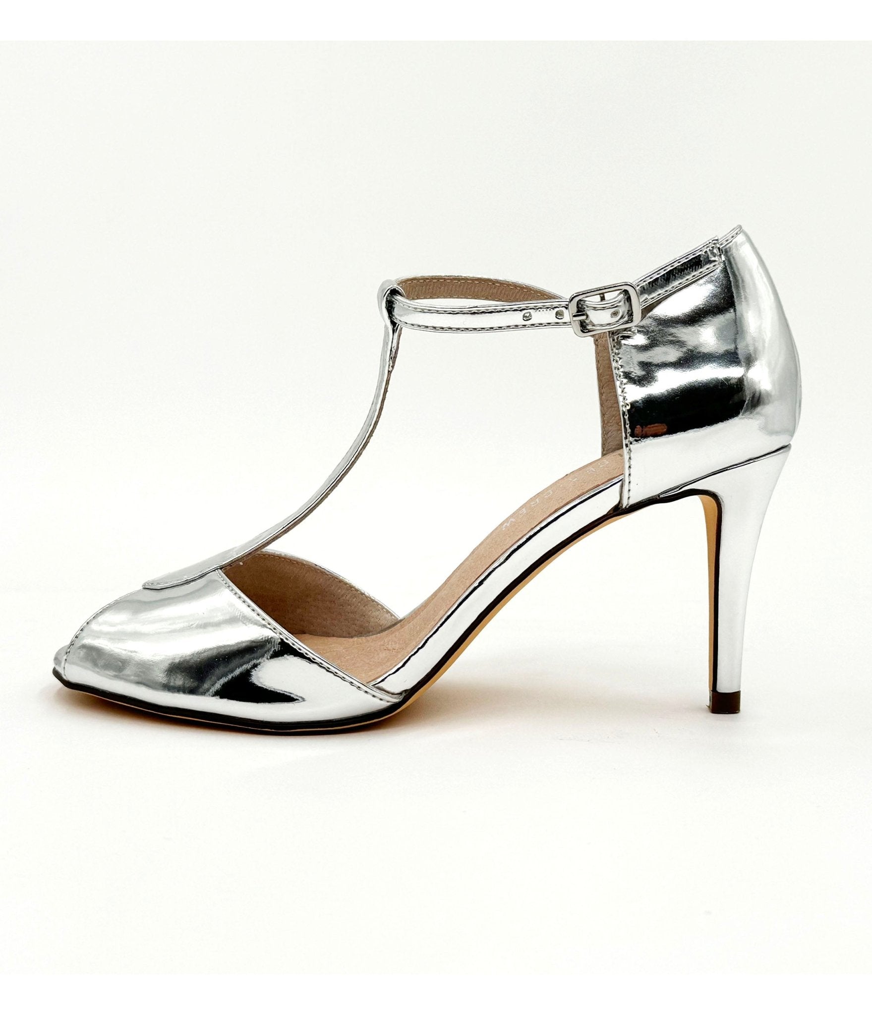 Chelsea Crew Metallic Silver T - Strap Blondie Heels - Unique Vintage - Womens, SHOES, HEELS