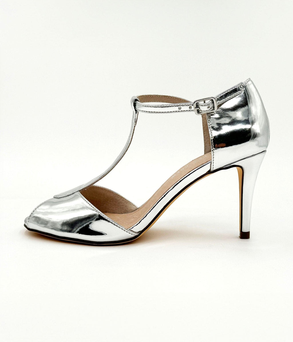 Chelsea Crew Silver Patent Leatherette T - Strap Blondie Heels - Unique Vintage - Womens, SHOES, HEELS