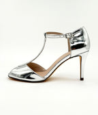 Chelsea Crew Silver Patent Leatherette T - Strap Blondie Heels - Unique Vintage - Womens, SHOES, HEELS