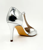Chelsea Crew Silver Patent Leatherette T - Strap Blondie Heels - Unique Vintage - Womens, SHOES, HEELS