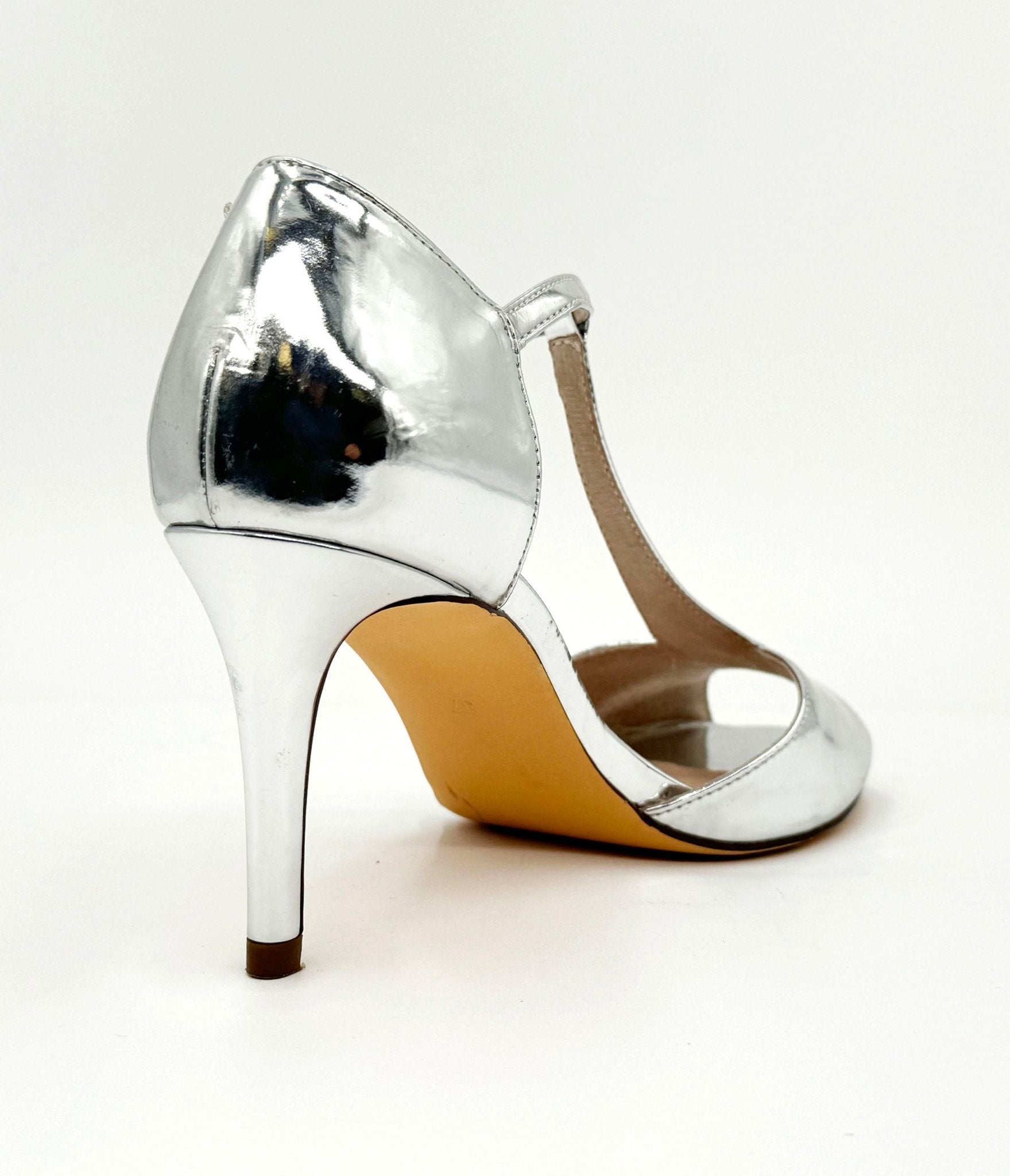 Chelsea Crew Silver Patent Leatherette T - Strap Blondie Heels - Unique Vintage - Womens, SHOES, HEELS