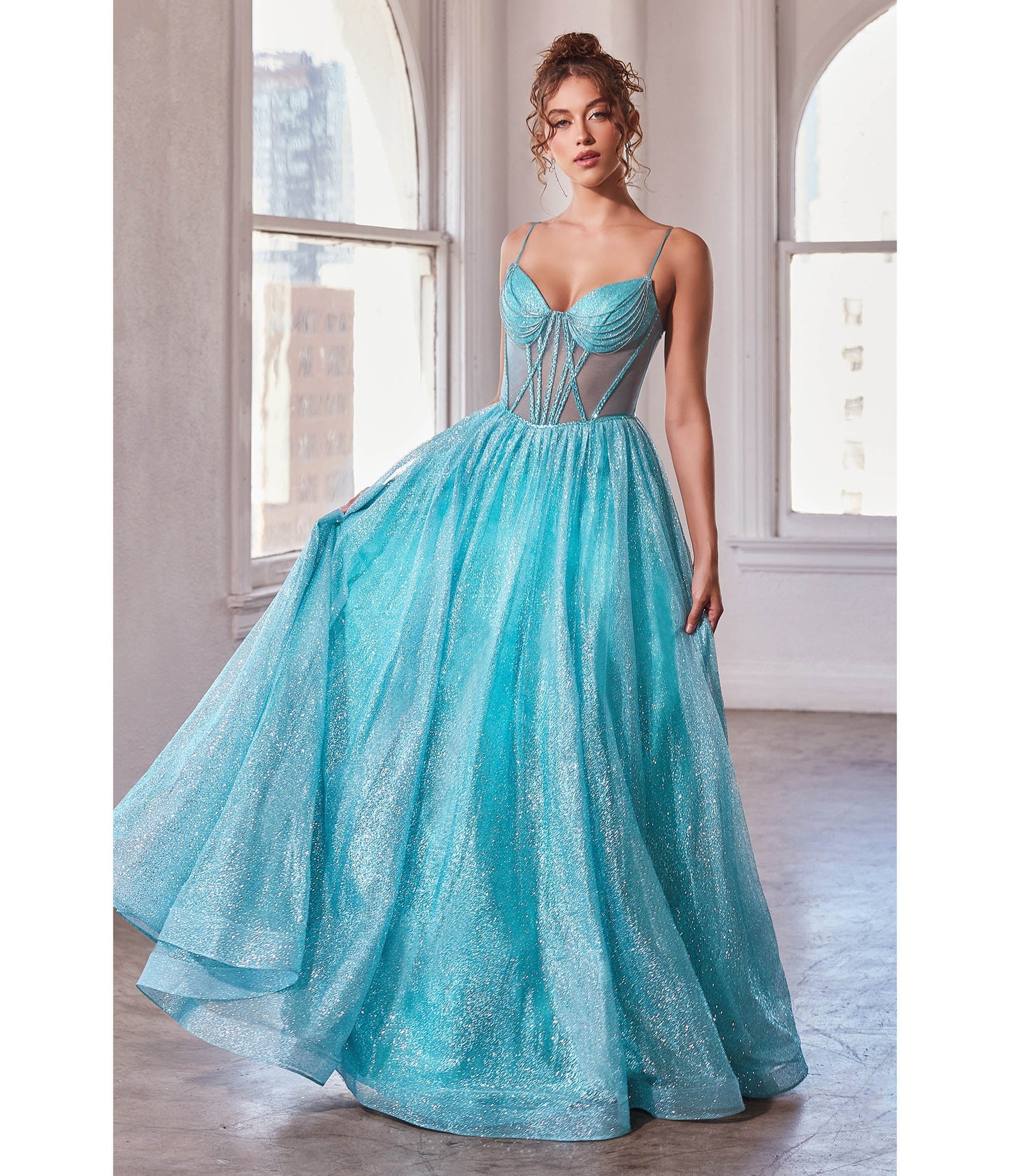 Cinderella Divine Aqua Blue Corset Glitter Prom Gown - Unique Vintage - Womens, DRESSES, PROM AND SPECIAL OCCASION