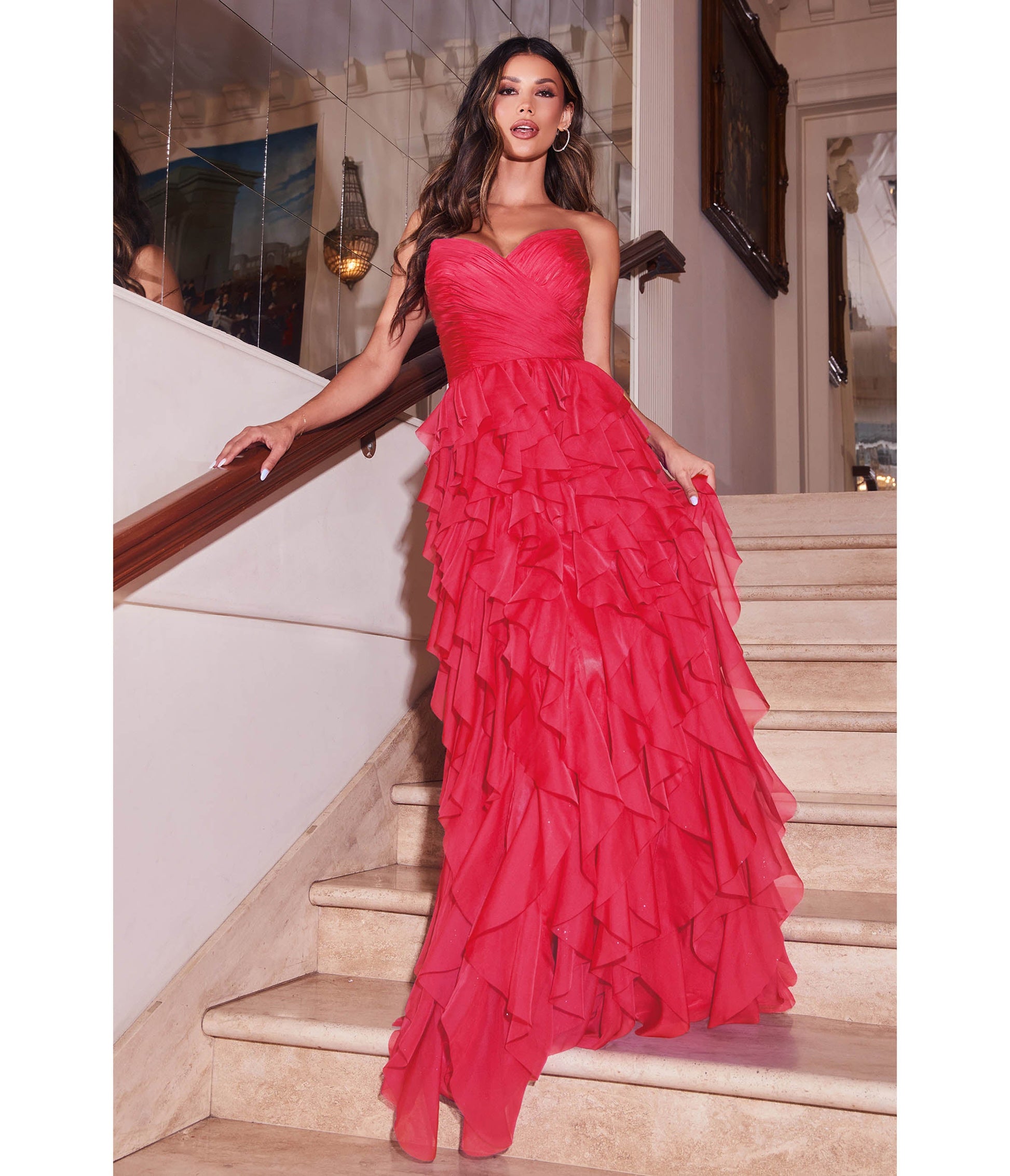 Cinderella Divine Azalea Pink Feather Floor Length Prom Gown - Unique Vintage - Womens, DRESSES, PROM AND SPECIAL OCCASION