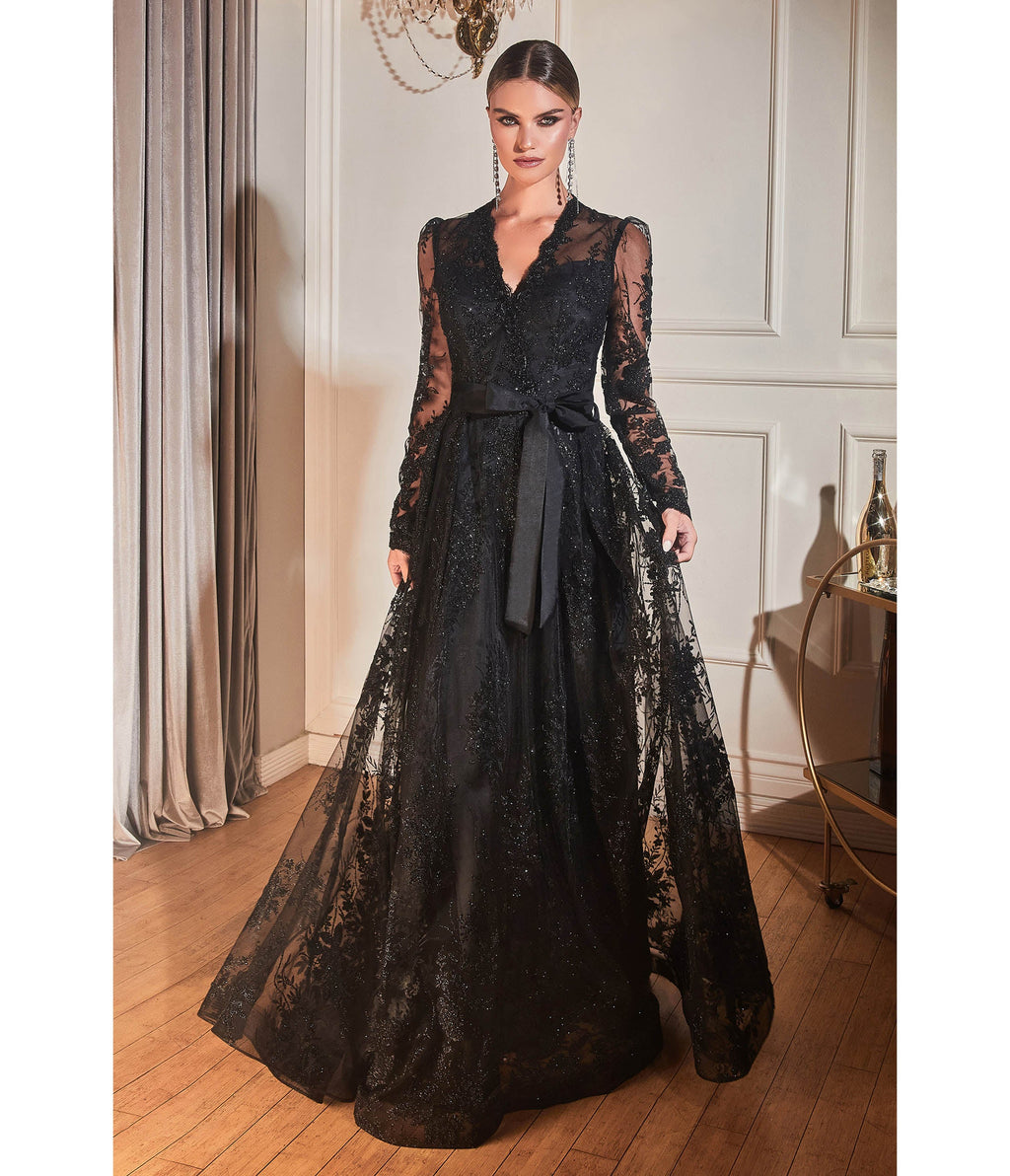 Cinderella Divine Black Long Sleeve Prom Gown - Unique Vintage - Womens, DRESSES, PROM AND SPECIAL OCCASION
