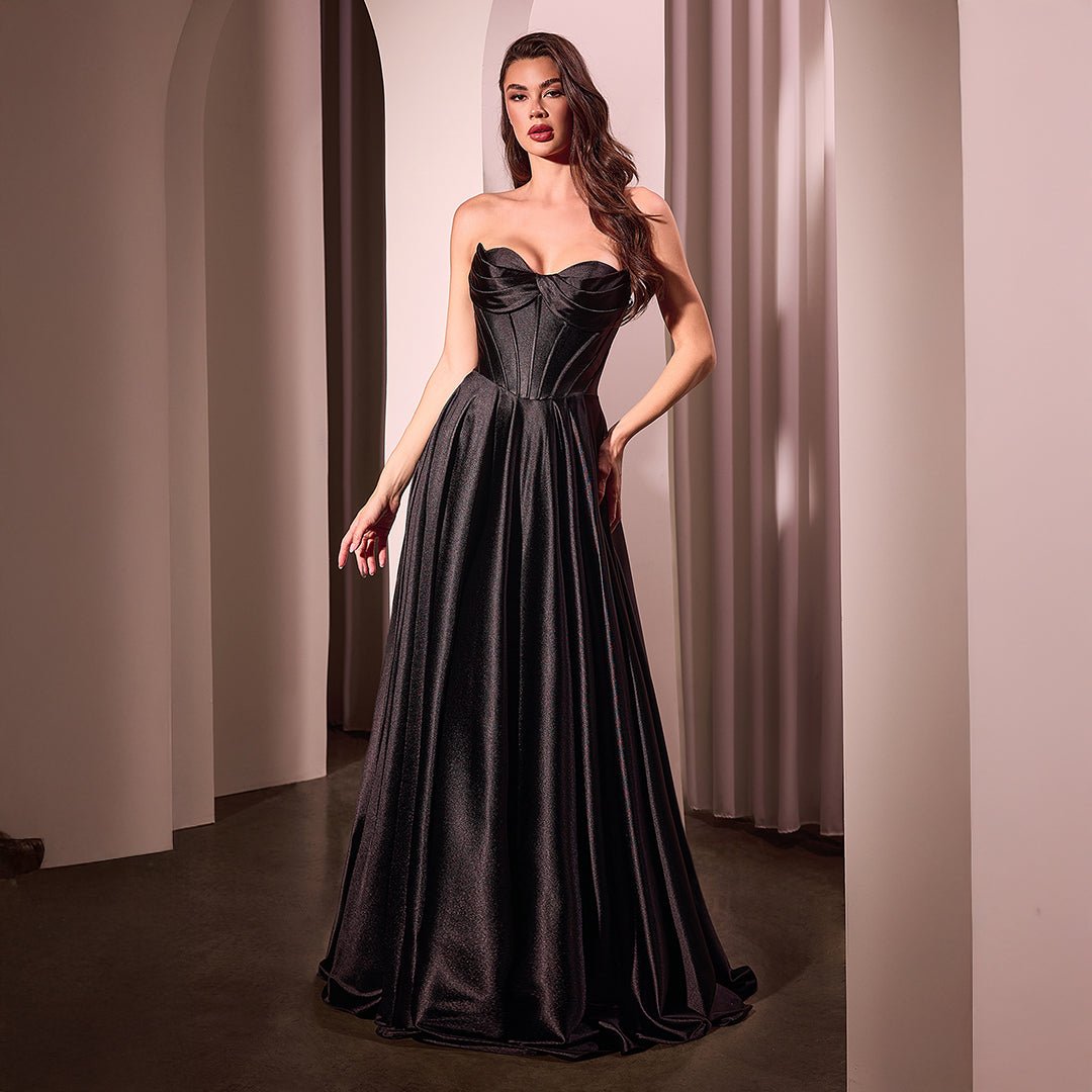 Cinderella Divine Black Satin Strapless A-Line Slit Prom Dress - Unique Vintage - Womens, DRESSES, PROM AND SPECIAL OCCASION