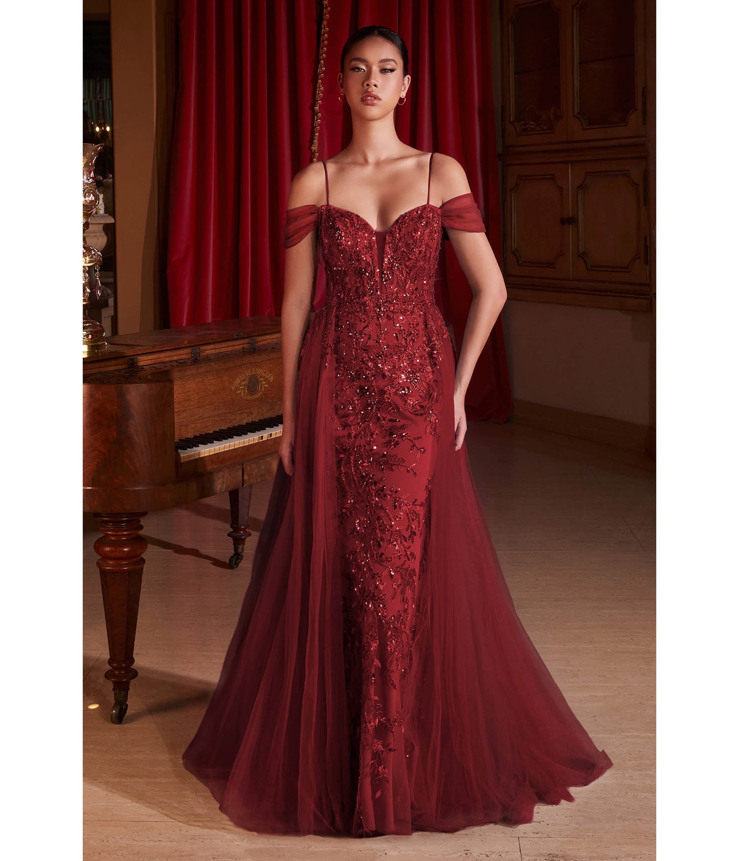 Cinderella Divine Burgundy Off Shoulder Prom Gown - Unique Vintage - Womens, DRESSES, PROM AND SPECIAL OCCASION