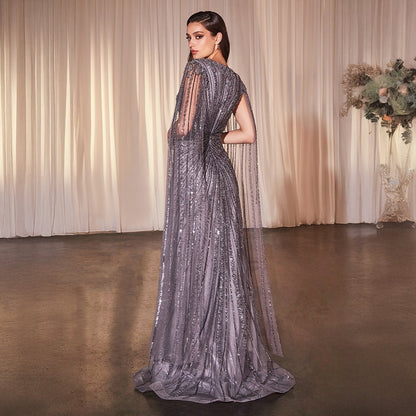 Cinderella Divine English Violet Beaded Cape Sleeve Slit Prom Dress - Unique Vintage - Womens, DRESSES, SPECIAL OCCASION