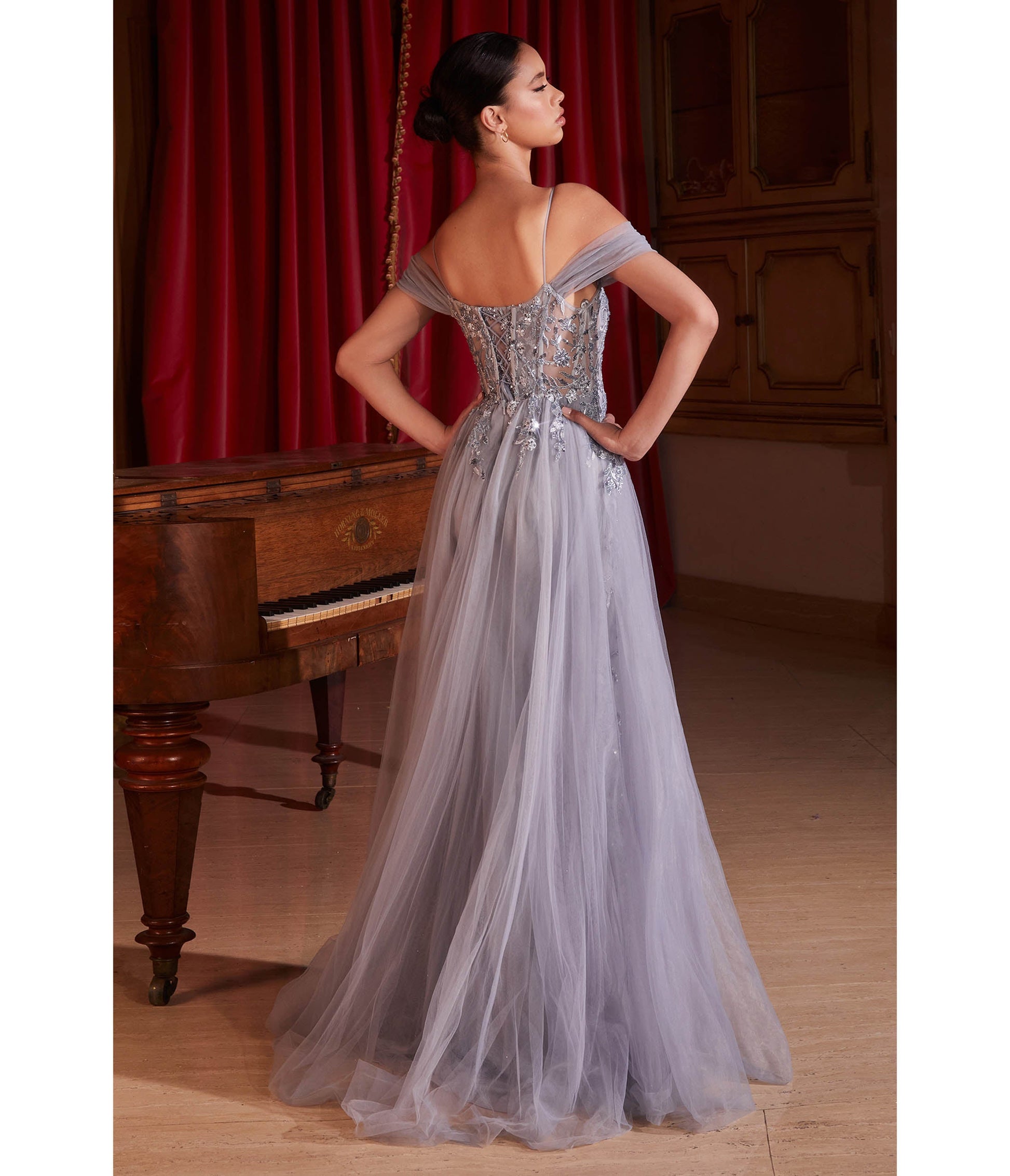 Cinderella Divine Fog Grey Off Shoulder Prom Gown - Unique Vintage - Womens, DRESSES, PROM AND SPECIAL OCCASION