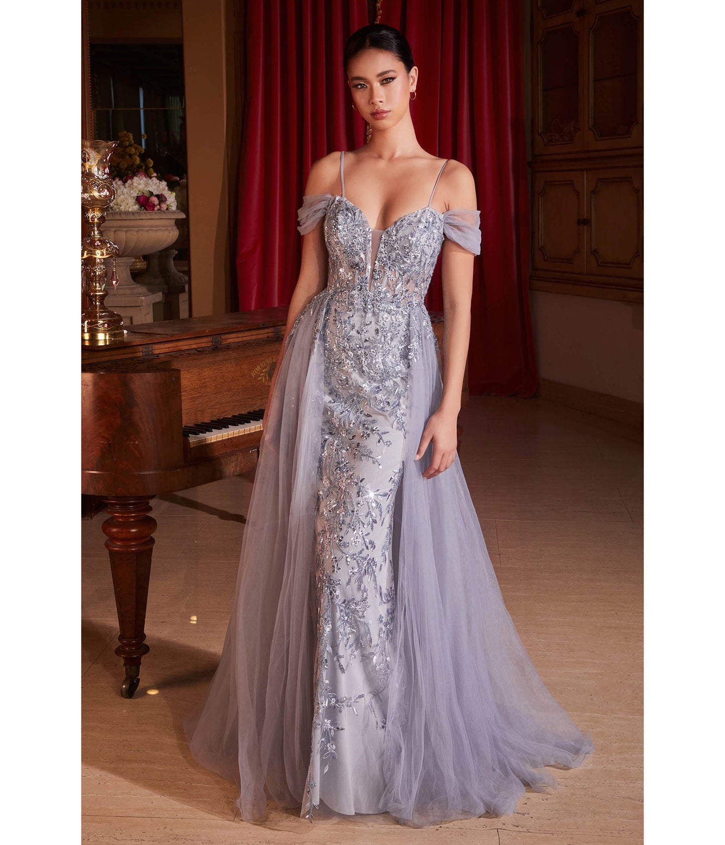 Cinderella Divine Fog Grey Off Shoulder Prom Gown - Unique Vintage - Womens, DRESSES, PROM AND SPECIAL OCCASION