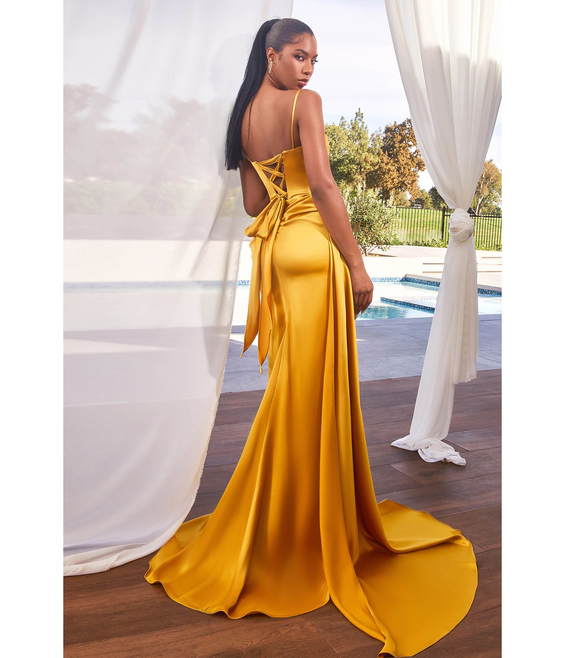 Cinderella Divine Marigold Satin High Slit Prom Gown - Unique Vintage - Womens, DRESSES, PROM AND SPECIAL OCCASION