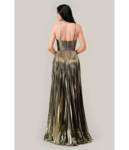 Cinderella Divine Metallic Gold Pleated Halter Prom Dress - Unique Vintage - Womens, DRESSES, PROM AND SPECIAL OCCASION