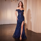 Cinderella Divine Navy Fitted Off The Shoulder Sequin Prom Dress - Unique Vintage - Womens, DRESSES, PROM & SPECIAL OCCASION