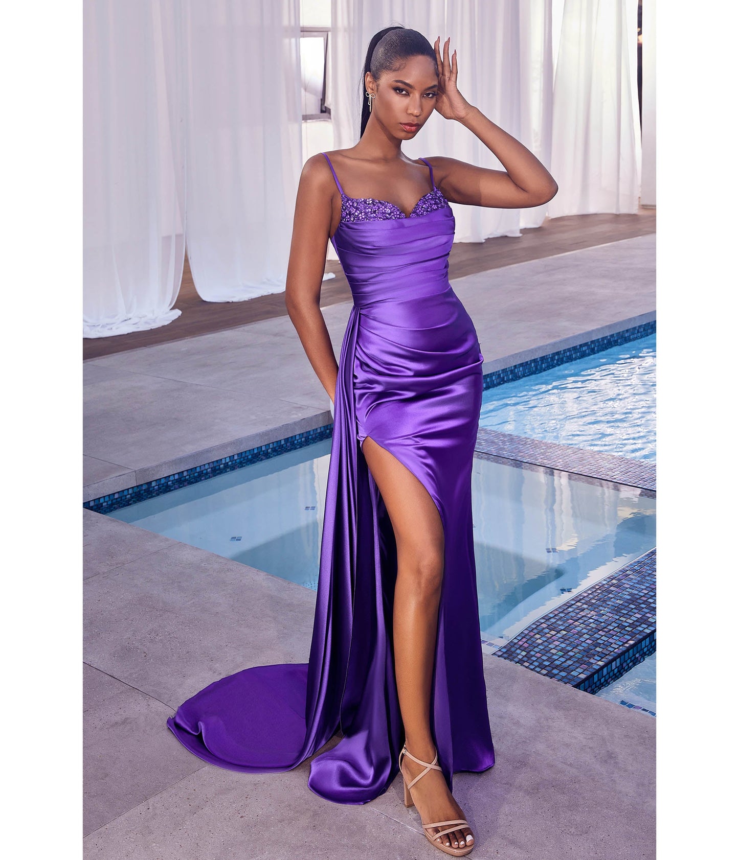 Cinderella Divine Nova Purple Satin High Slit Prom Gown - Unique Vintage - Womens, DRESSES, PROM AND SPECIAL OCCASION