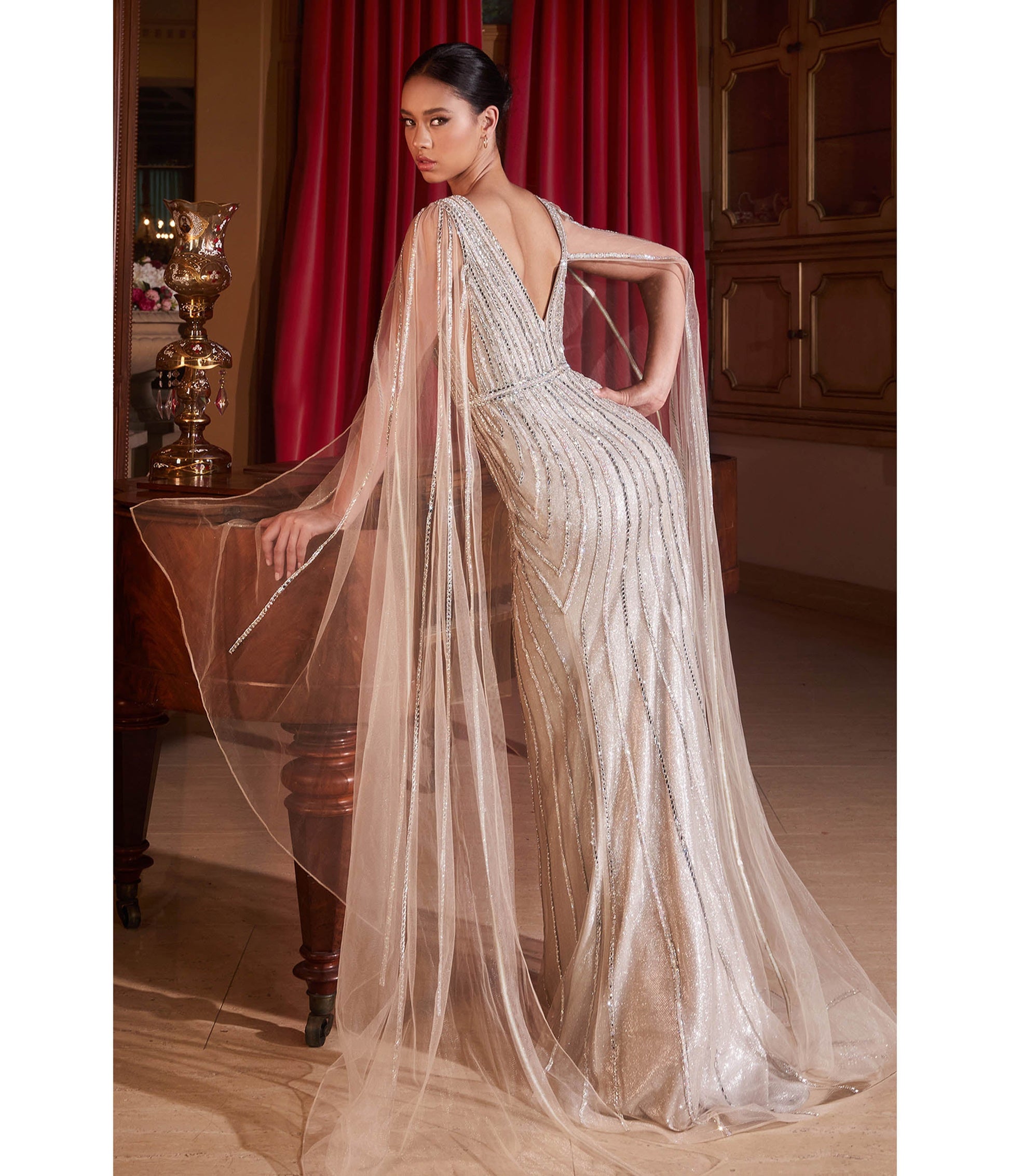 Cinderella Divine Platinum Cape Art Deco Prom Gown - Unique Vintage - Womens, DRESSES, PROM AND SPECIAL OCCASION