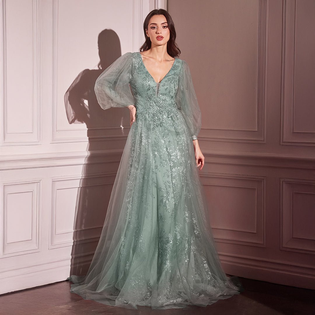 Cinderella Divine Sage Beaded Long Sleeve A - Line Prom Dress - Unique Vintage - Womens, DRESSES, PROM AND SPECIAL OCCASION