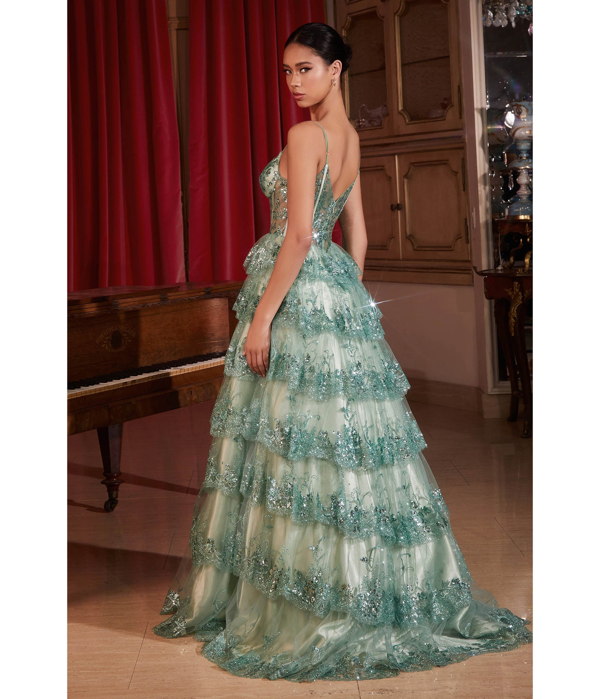 Cinderella Divine Sage Sparkle Tiered Prom Dress - Unique Vintage - Womens, DRESSES, PROM AND SPECIAL OCCASION