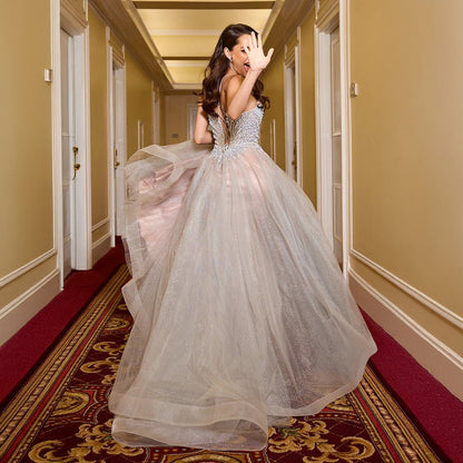 Cinderella Divine Silver Nude Pearl Beaded Sleeveless Prom Dress - Unique Vintage - Womens, DRESSES, PROM & SPECIAL OCCASION