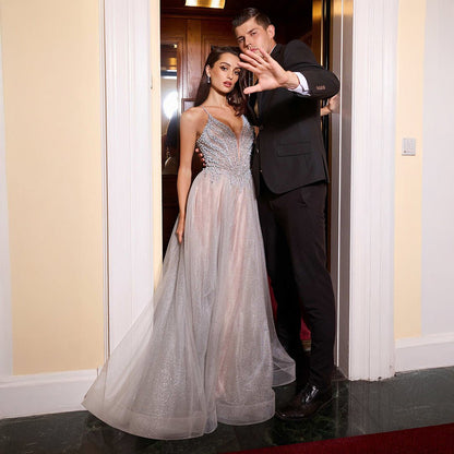 Cinderella Divine Silver Nude Pearl Beaded Sleeveless Prom Dress - Unique Vintage - Womens, DRESSES, PROM & SPECIAL OCCASION
